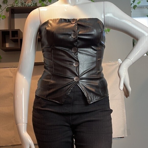 Button Up Strapless Faux Leather Top Black Size M RefM100 - Picture 9 of 11